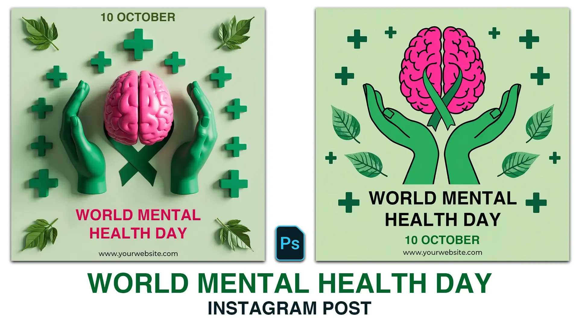 World Mental Health Day Instagram Post Design with Pink Brain and Green Hands